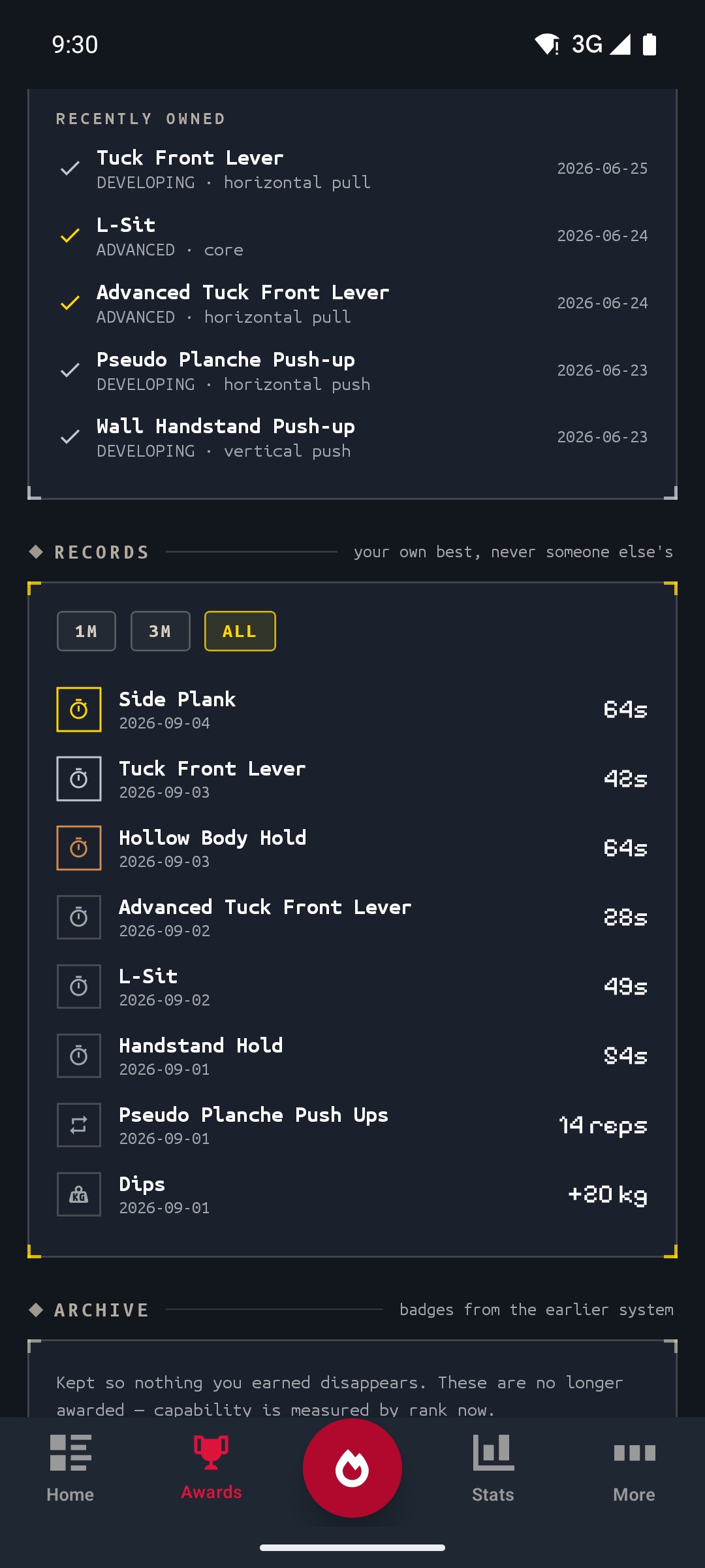 Records with medal rings: side plank 64 seconds, tuck front lever 42 seconds, hollow body hold 64 seconds, L-sit 49 seconds, pseudo planche push-ups 14 reps and weighted dips at plus 20 kilos.