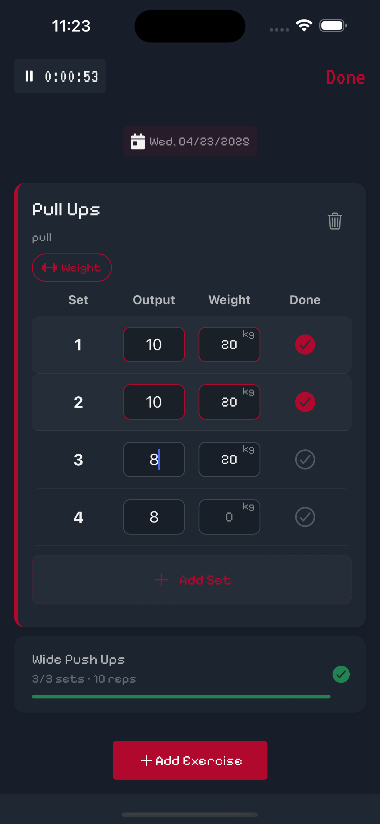 Workout Logging Screen